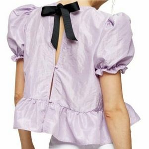 Topshop Bow Back Taffeta Puff Sleeve Ruffle Blouse Lilac
